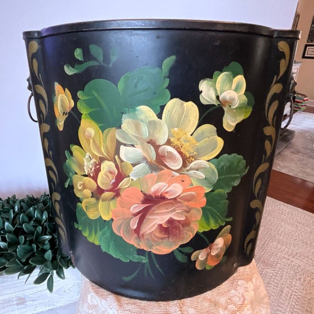 Vintage black tole trash can hand painted waste paper can lions head handles